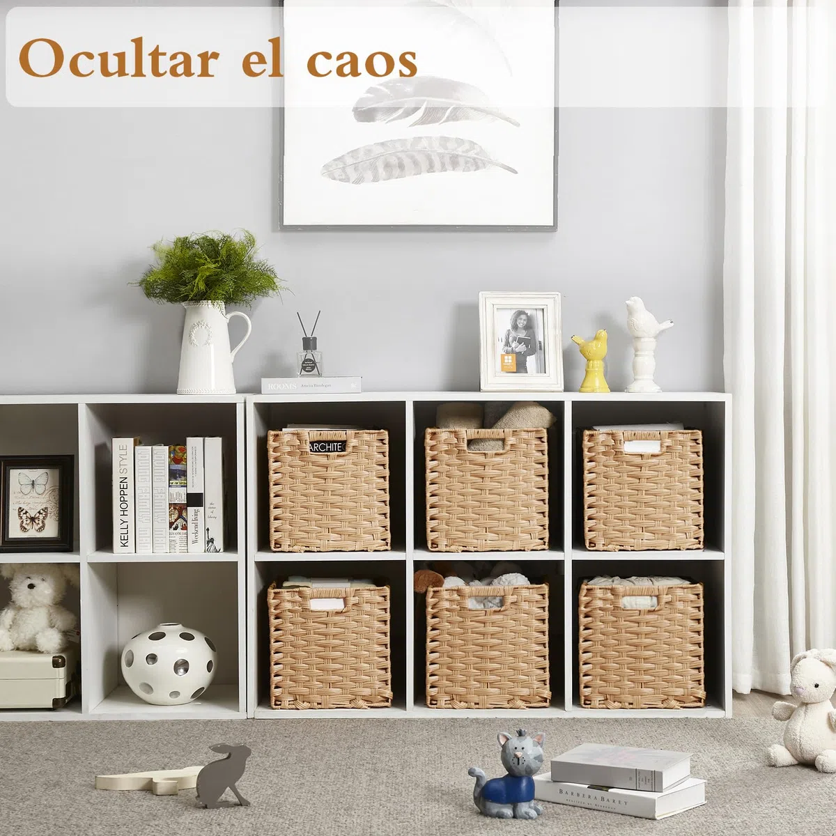 Sagittar Cesta plegable trenzada de imitación de ratán, 31 x 31 x 31 cm, cesta de almacenamiento para despensa, armario, cesta de estantería, cubos, impermeable, no se mohosa, 2 unidades, color
