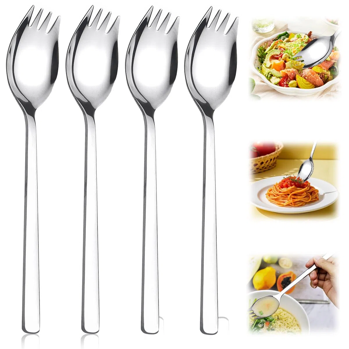 4 tenedores de cena 2 en 1 de acero inoxidable 18/10, 19 x 3,5 cm, tenedor de cena 2 en 1, tenedor de acero inoxidable con asas largas, tenedor tenedor de acero inoxidable pulido brillante, cuchara