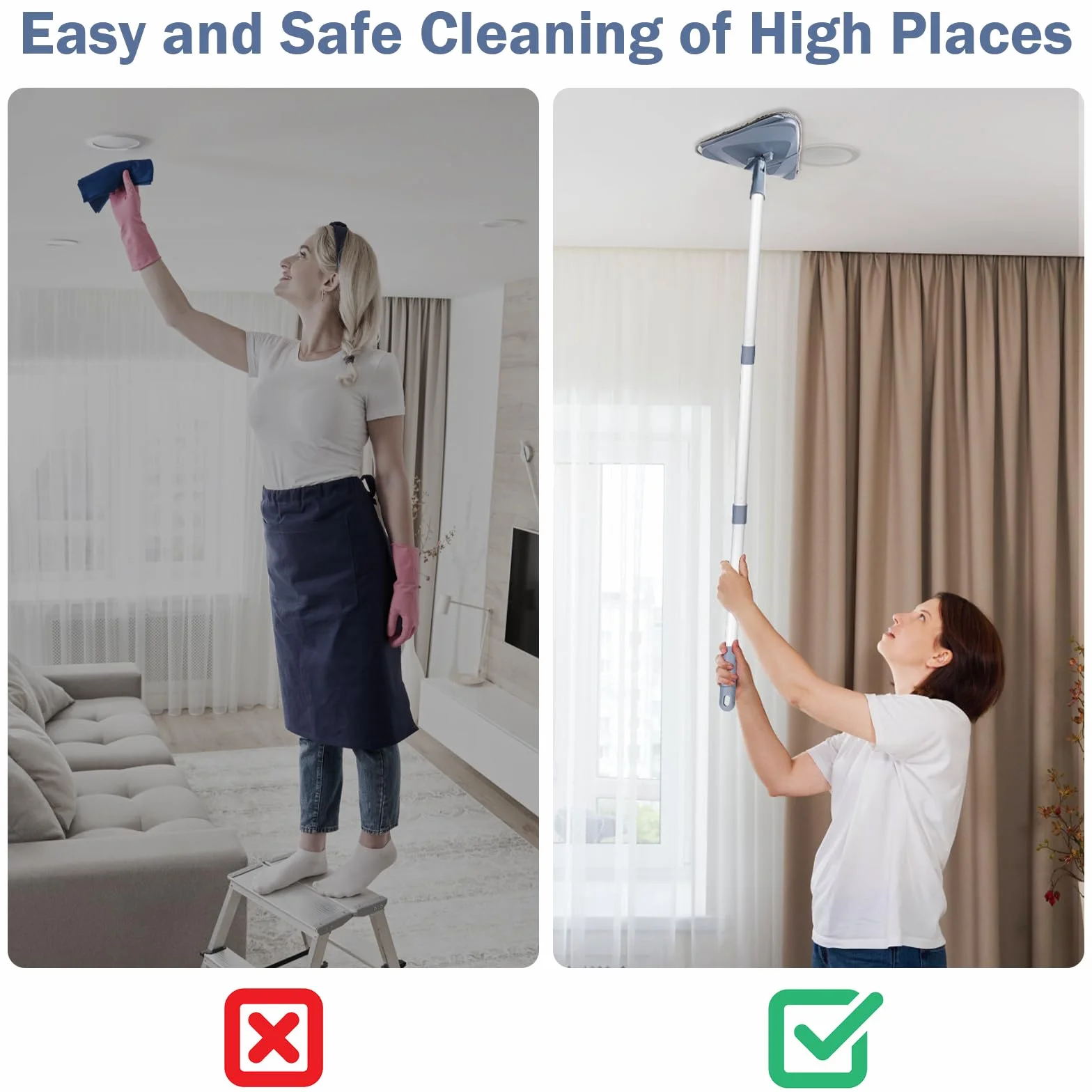 TAOPE Mopa para Limpiar Azulejos y Paredes, Limpiador de Techos con Mango Largo de 200 CM, Fregona Limpieza Plegable con 6 pcs Microfibra Chenilla, Gris Trapeador de Triangular para Ventana