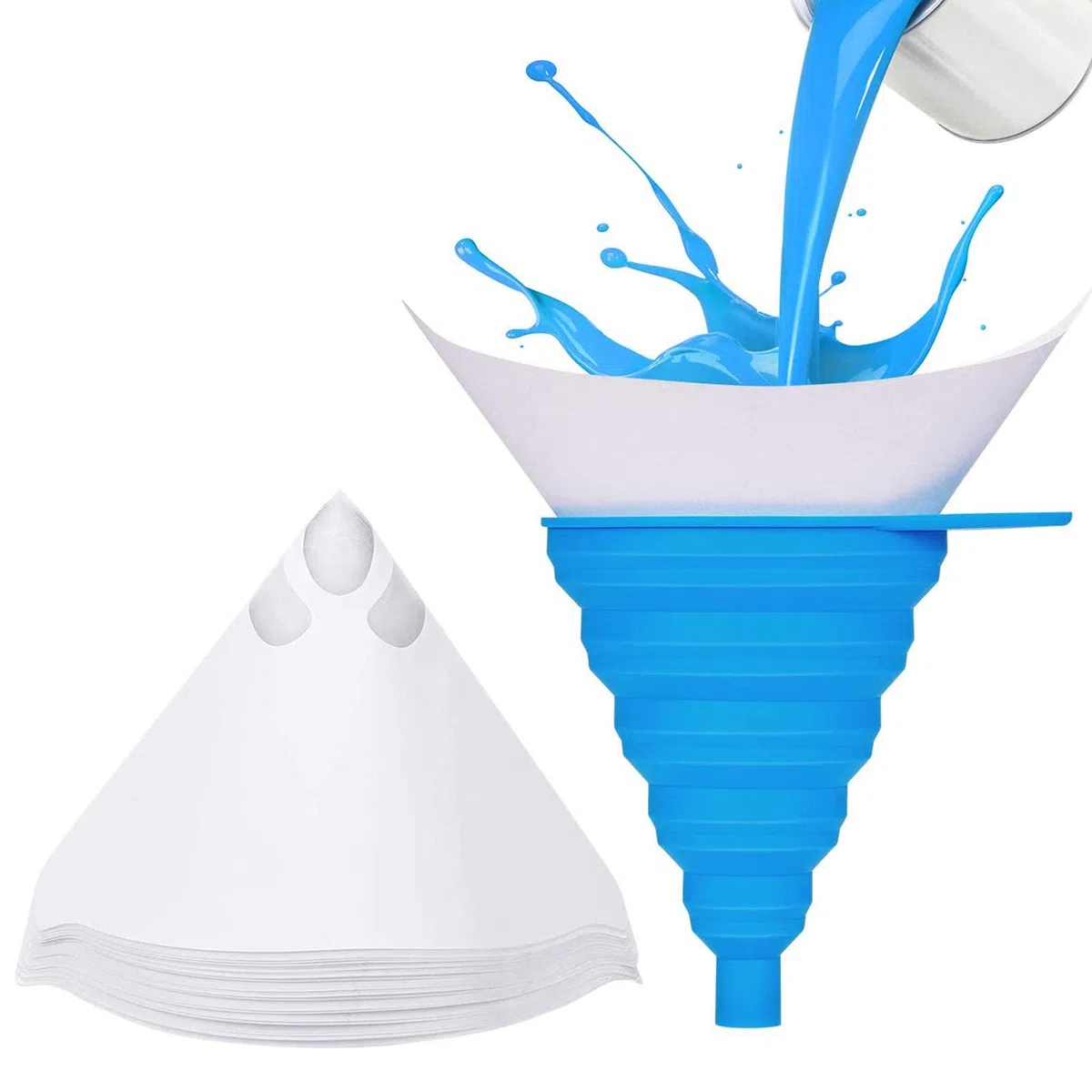 CYH 150 Coladores de Papel Embudo de Filtro Desechables con 1 Embudo de Silicona Plegable, Filtros de Papel Filtro Conico de Malla de Nylon, para Pintura, Automotriz, artesanía