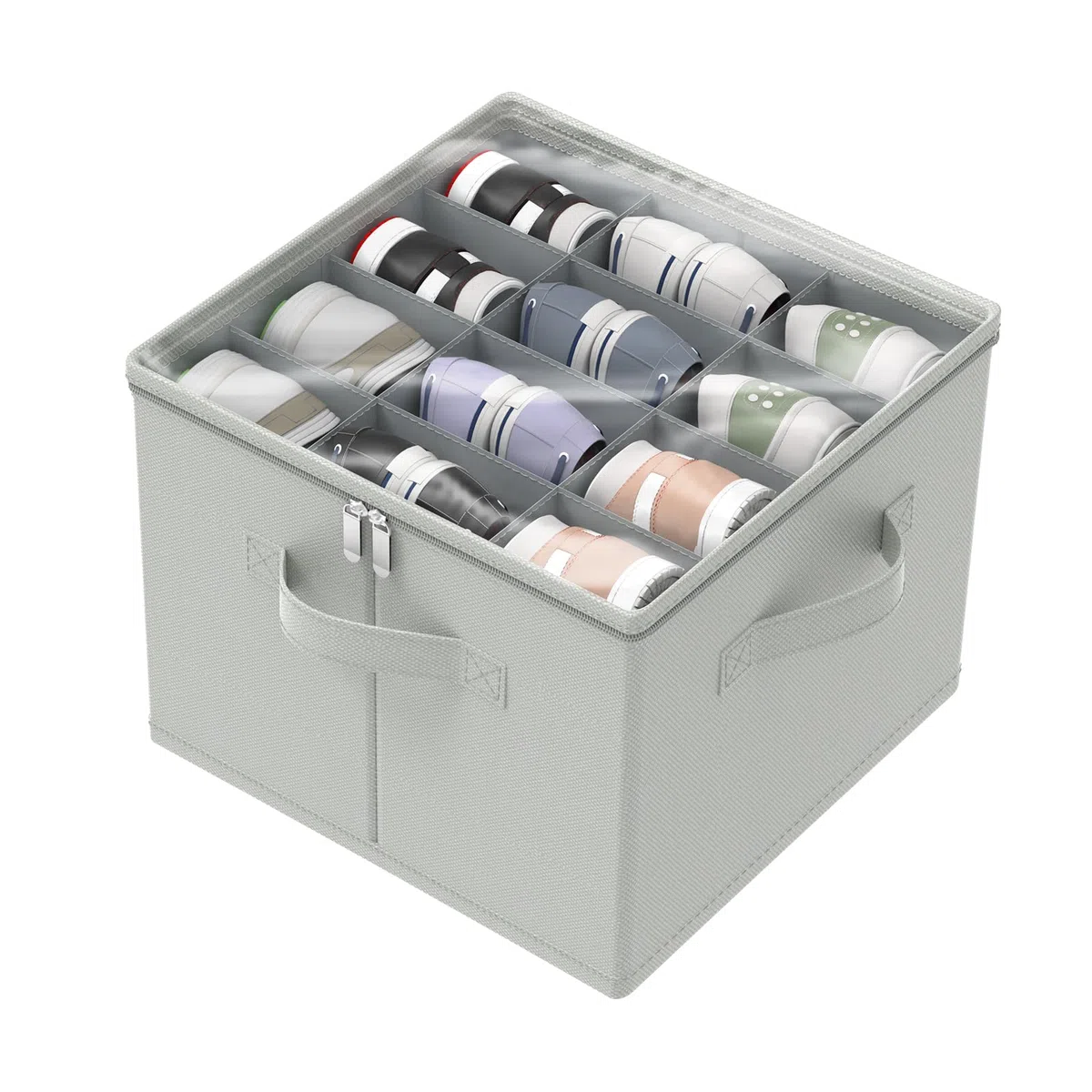 Cajas Organizadoras, Cabe 12 Pares, Guarda Zapatero con Cubierta Transparente, Cestos Almacenaje Plegable con 3 Asas Reforzadas, 43 x 43 x 33 cm, Gris, XSNX01GM-1