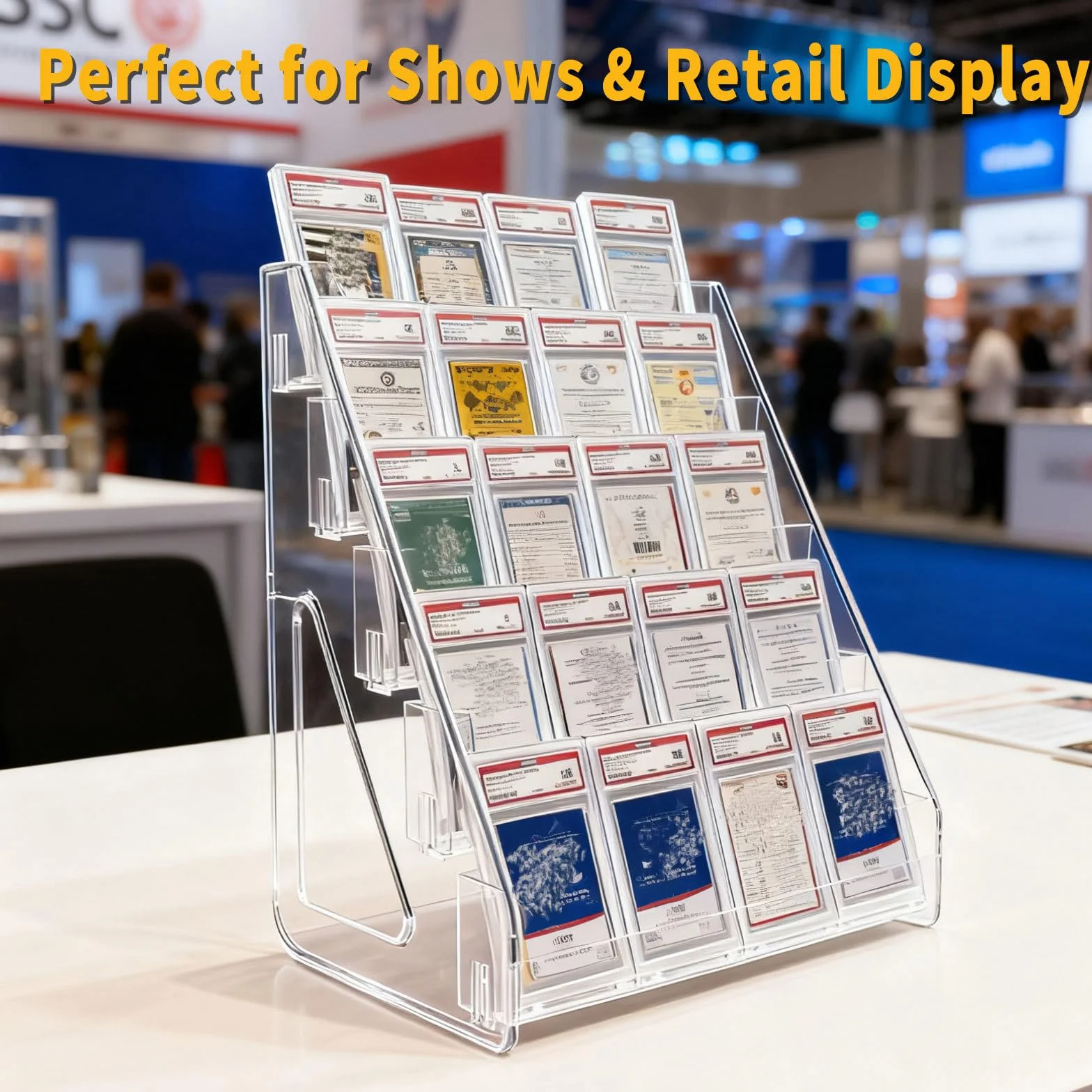 Oncpcare Soporte de exhibición transparente de 3 niveles para tarjetas coleccionables – Estante vertical de PET para cargadores superiores, soportes magnéticos, losas de tarjetas coleccionables y