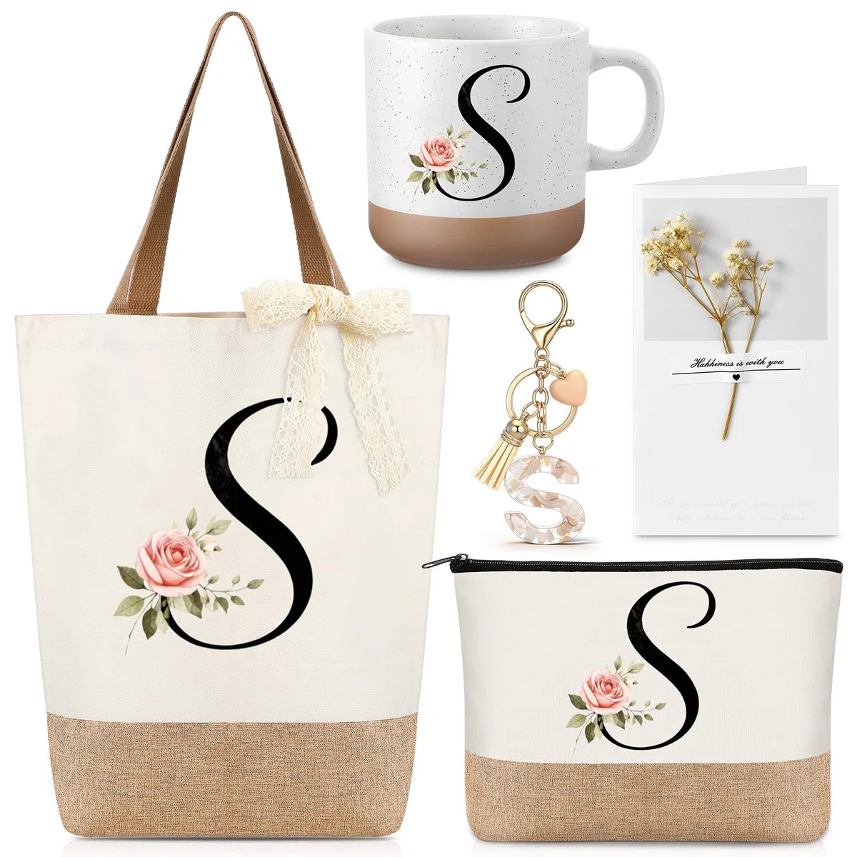 Hestya Regalos con Letras para Mujer Bolso Tote con Inicial Bolsa de Maquillaje Taza de Café Llavero Cinta de Encaje Tarjeta Regalos de Cumpleaños para Ella Esposa Mamá Amiga Damas de Honor