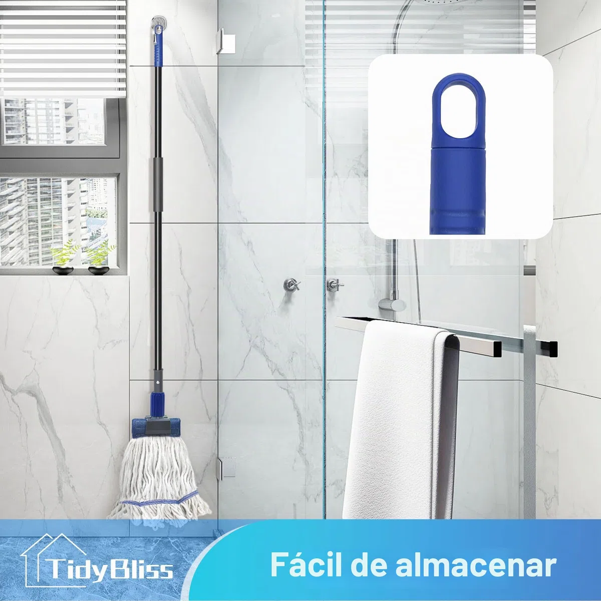 TidyBliss Mopa Fregona Industrial, Mopas de Limpieza de Suelos con Manija Extra Larga de 146 cm, Profesional para Limpieza en Seco y Humedo de Suelos de Madera, Cemento, Azulejos (Azul)