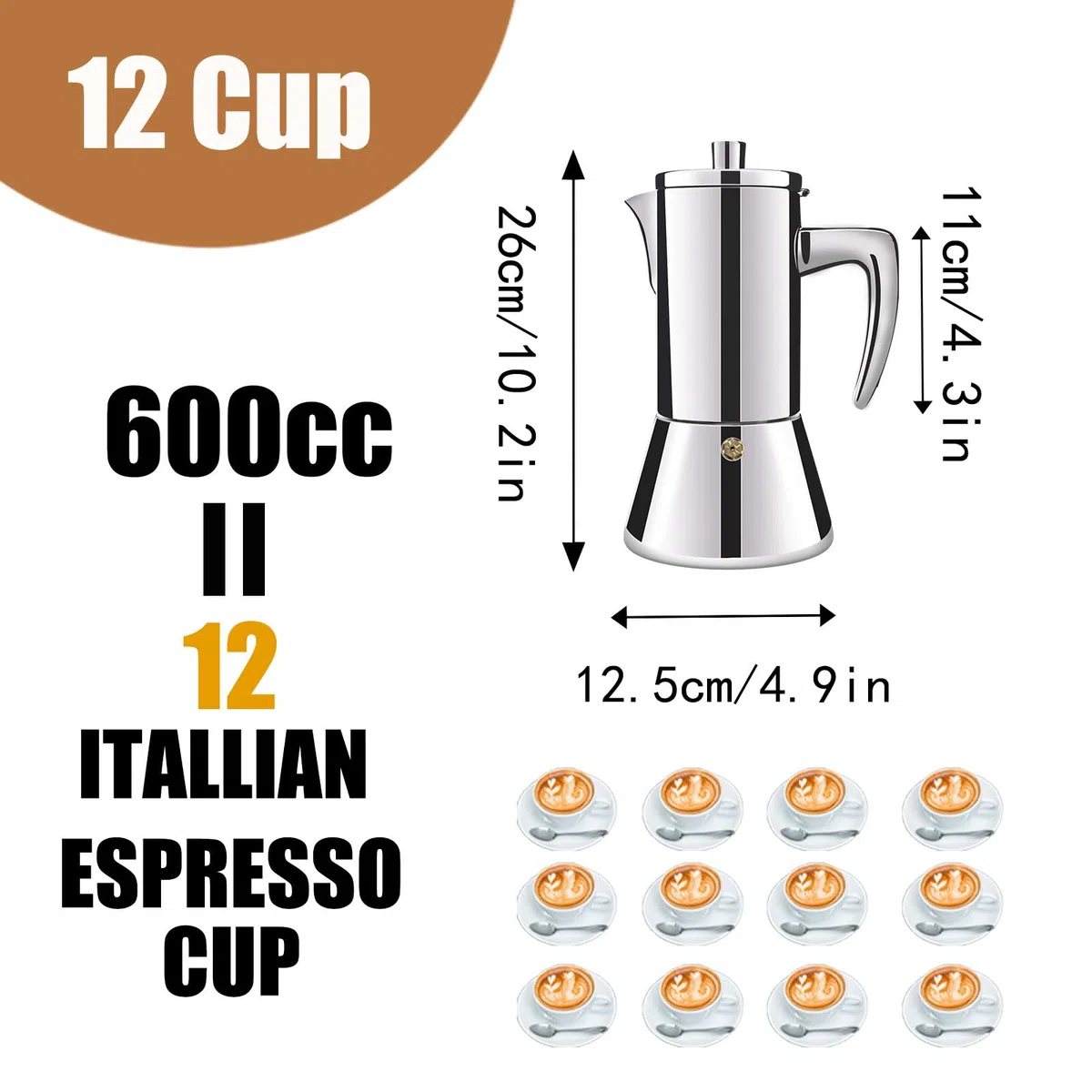 12 Taza Espesada 304 Acero Inoxidable Moka Pot Stovetop Espresso Maker Cafeteras Cafeteras Italianas Capaz Mocha Cafetera Greca Para Casa y Camping 600ml 20oz