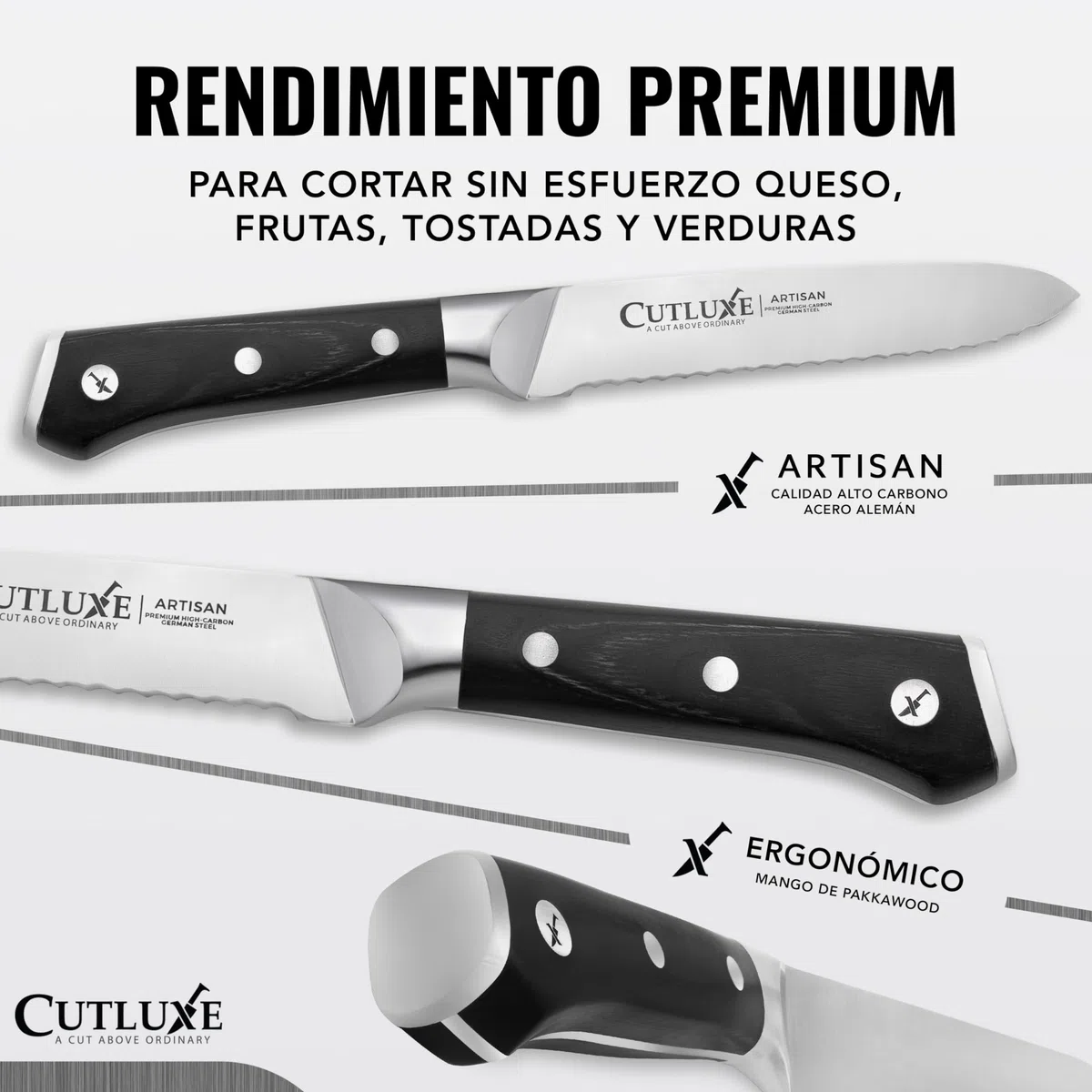 Cutluxe Cuchillo Utilitario Serrado de 13cm - Pequeño Cuchillo Cocina Profesional y Cuchillo de Tomatero - Hoja de Acero Alemán Afilada - Diseño de Mango Ergonómico y Espiga Completa - Serie Artisan
