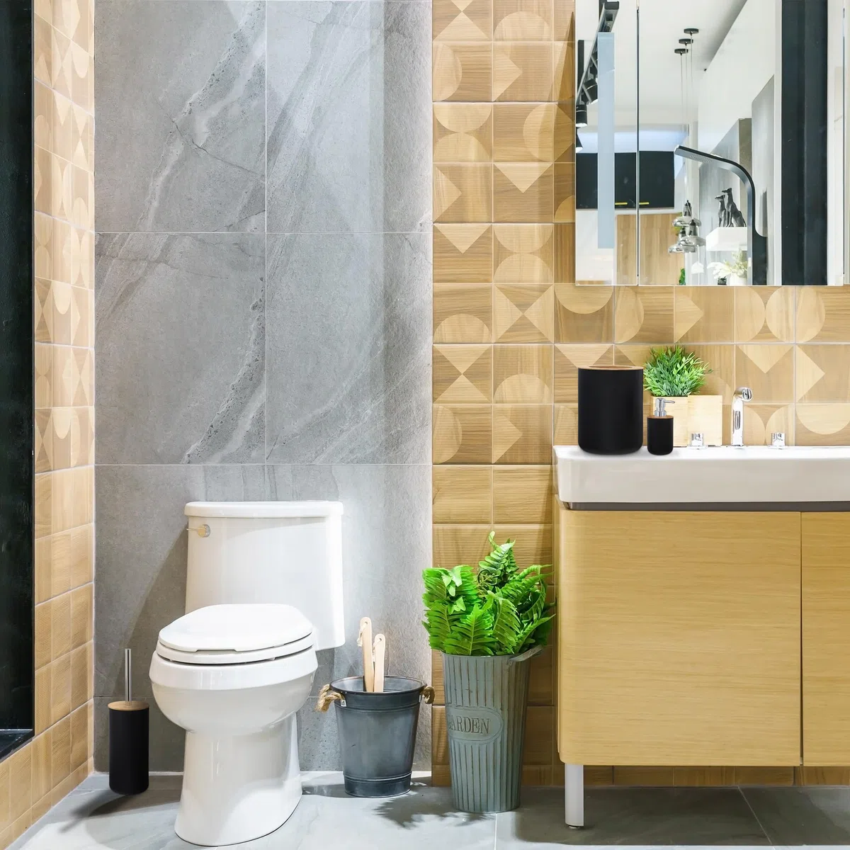 Relaxdays Accesorios de Baño 6 Piezas, Dispensador Jabón, Vaso, Portaescobillas, Bambú, Plástico, Blanco