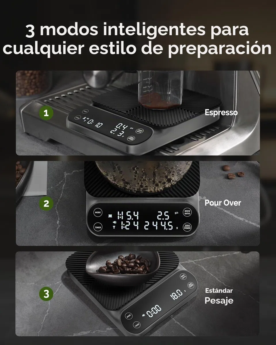 Maestri House S3 Báscula de café con temporizador, 3 kg/0,1 g, recargable, báscula digital de espresso, 3 modos de preparación, proporciones de preparación e indicador de flujo ajustables, para Pour