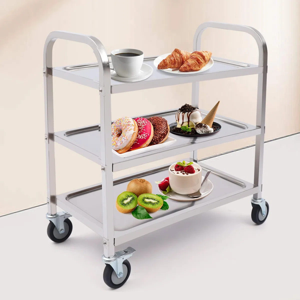 Carro de servicio de acero inoxidable para cocina, con ruedas y partición de 3 estantes, rueda silenciosa, 75 x 40 x 83,5 cm