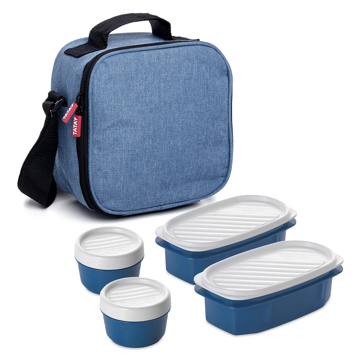 Tatay Bolsa Termica Porta Alimentos Impermeable - Urban Food Casual 3L | 4 Fiambreras: 2x0,5L + 2x0,2L | Triple Capa Aislante | Cuerpo Semirrígido | Bolsillo Interior | 22,5x10x22cm, Azul Denim