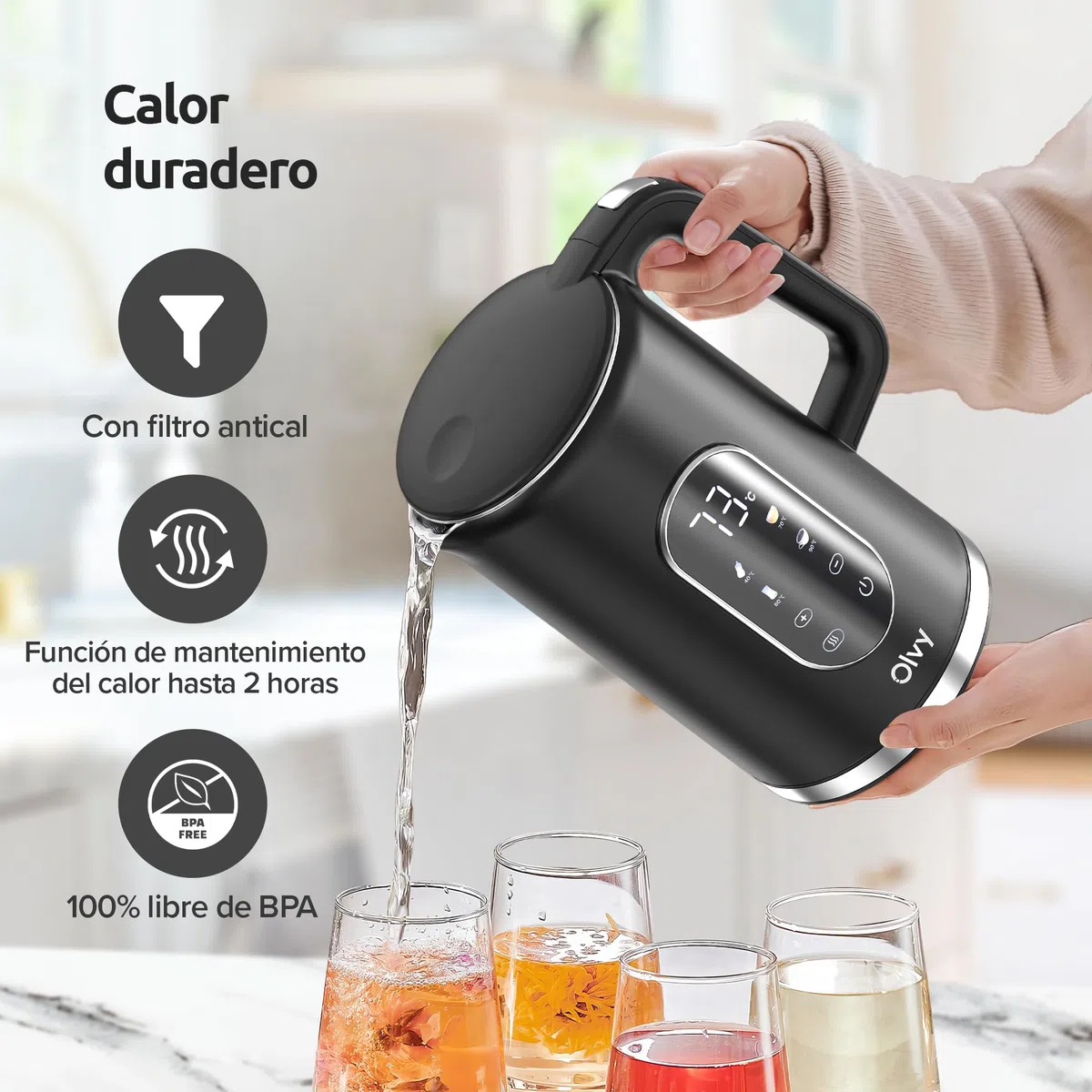 Olvy Hervidor eléctrico 1,7 L de acero inoxidable - Hervidor de agua eléctrico 2200 W con control de temperatura, función mantener caliente, calienta agua eléctrico y filtro antical (negro)
