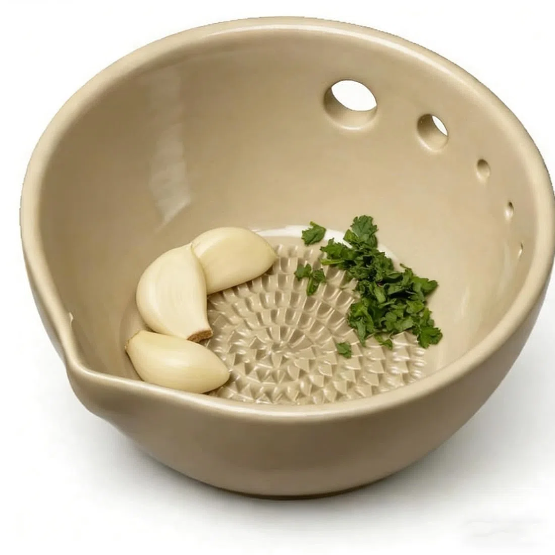 Handmade Garlic Grater X Herb Bowl, 2-In-1 Fresh Herb Stripper Bowl Ceramic with Built-In Grater and Herbs Stripper, Rasca Ajos Plate for Ginger, Garlic, Cheese Stem Remover (Blue)
