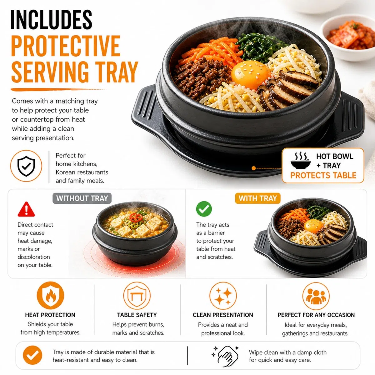 Cuenco de piedra coreano para cocinar Bibimbap, espodumena apta para altas temperaturas con bandeja, cerámica, negro, 800 ml