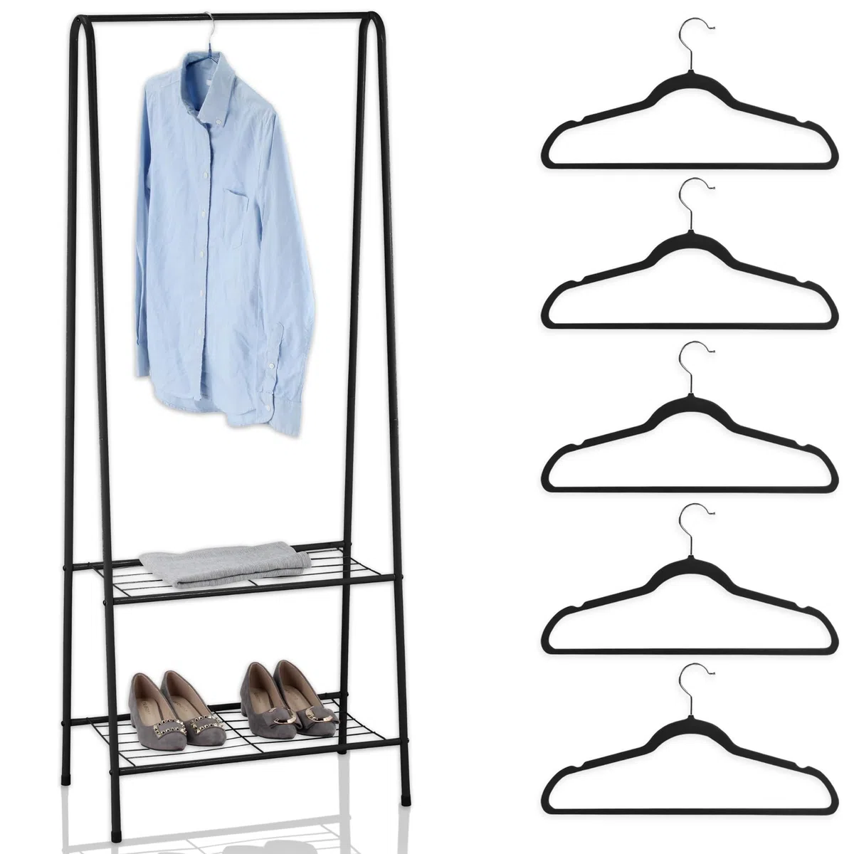 Perchero burro y zapatero -Burro ropa con 2 estantes - Medida 60 x 152 x 35 cm - Perchero burro ropa resistente de metal - Incluye 5 perchas de terciopelo