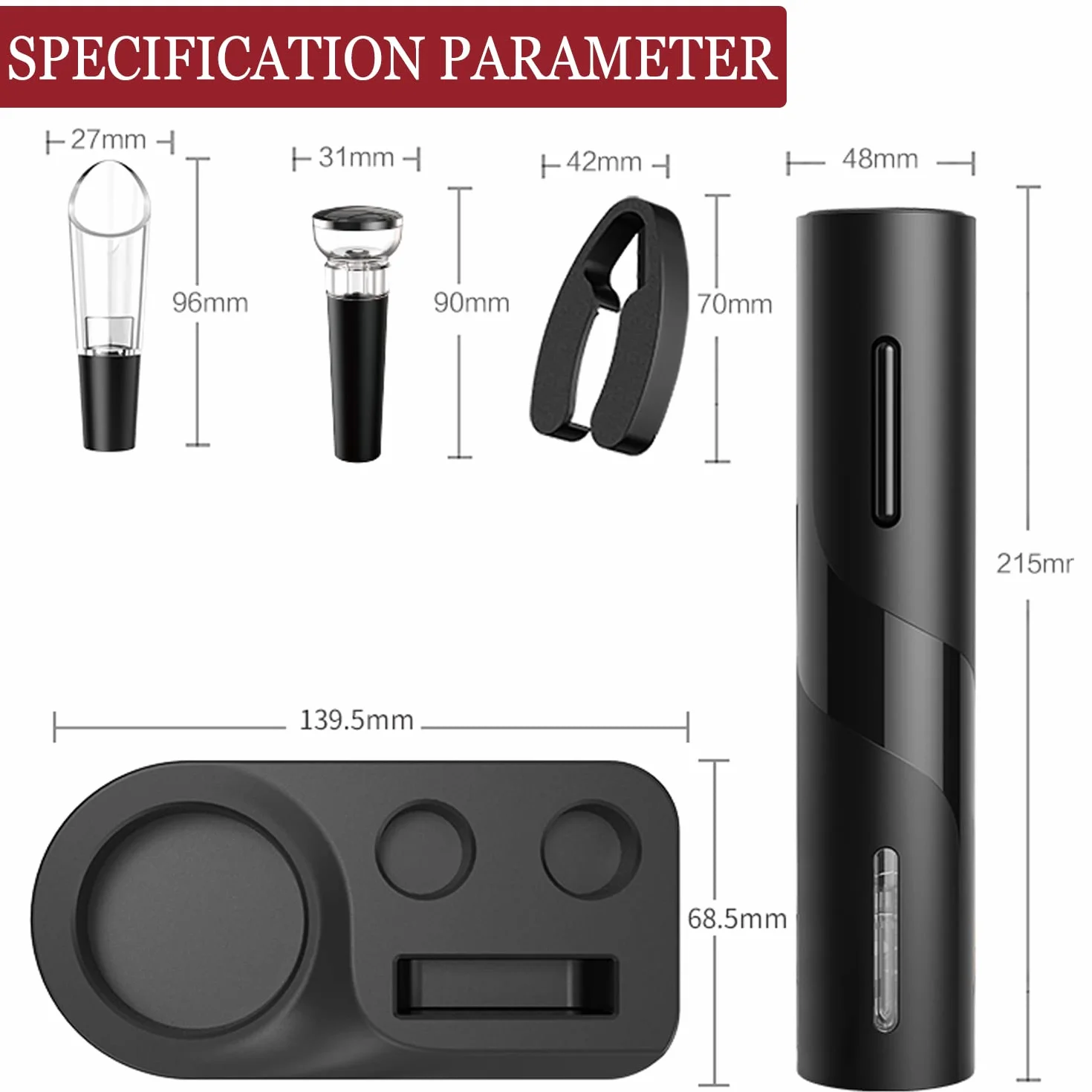 Sacacorchos Eléctrico, USB Recargable Abridor de Vino Automatico Profesional 6 en 1 con Base, Cortacapsulas Botella, Vertedor de Vino, Tapón de Vino de Vacío
