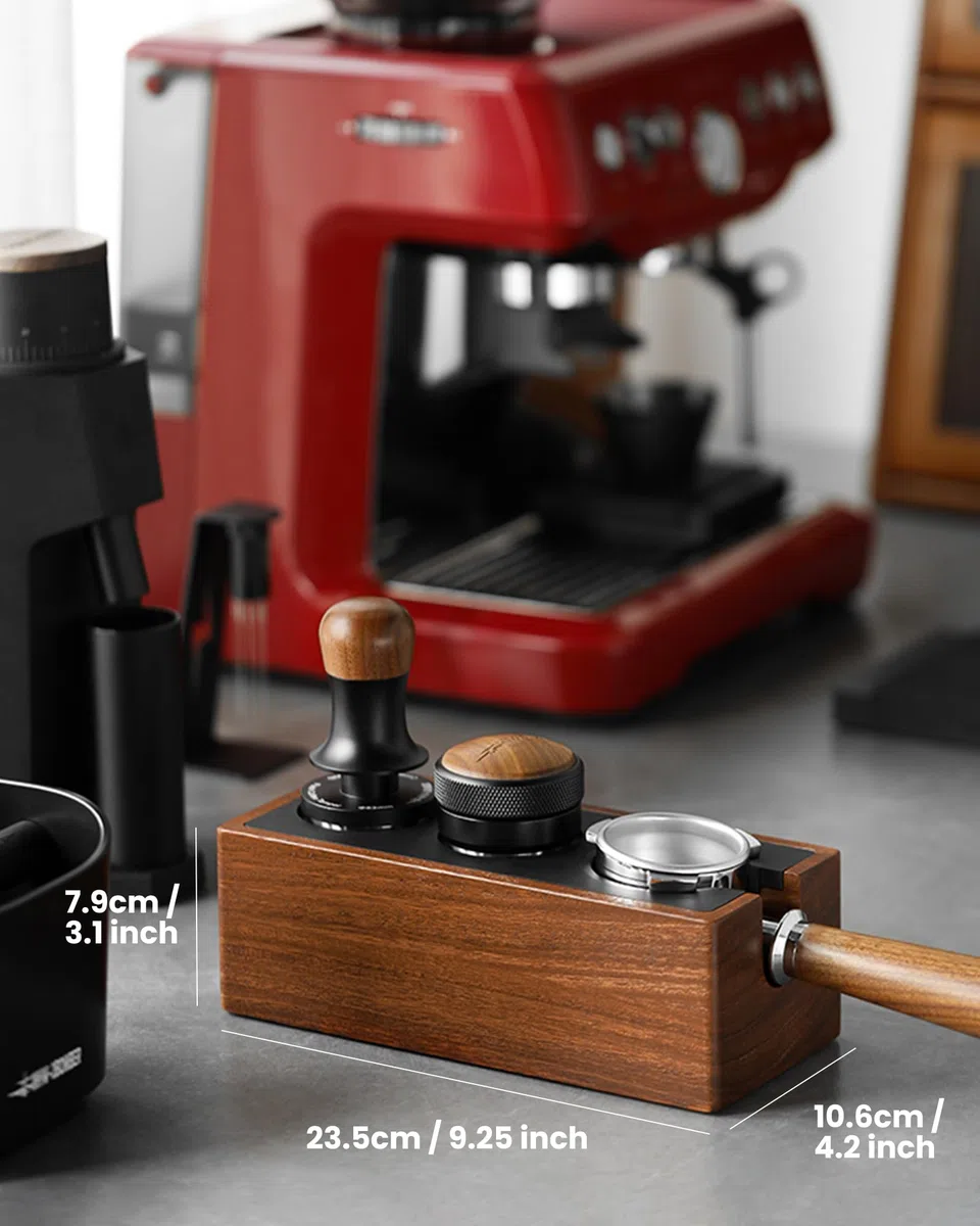 MHW-3BOMBER Estación de apisonamiento de espresso, caja organizadora 4 en 1 de nogal con cajón magnético para almacenamiento de espresso de 51 a 58 mm, distribuidor, portafiltro y accesorios de