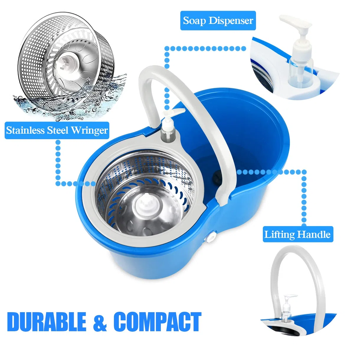 Sistema de fregona giratoria y cubo | Mopa giratoria 360 y cubo con juego de escurridor | Mopas para limpieza de suelos | 3 recambios de cabezal de microfibra | Mango extendido de 61 pulgadas | Mopa