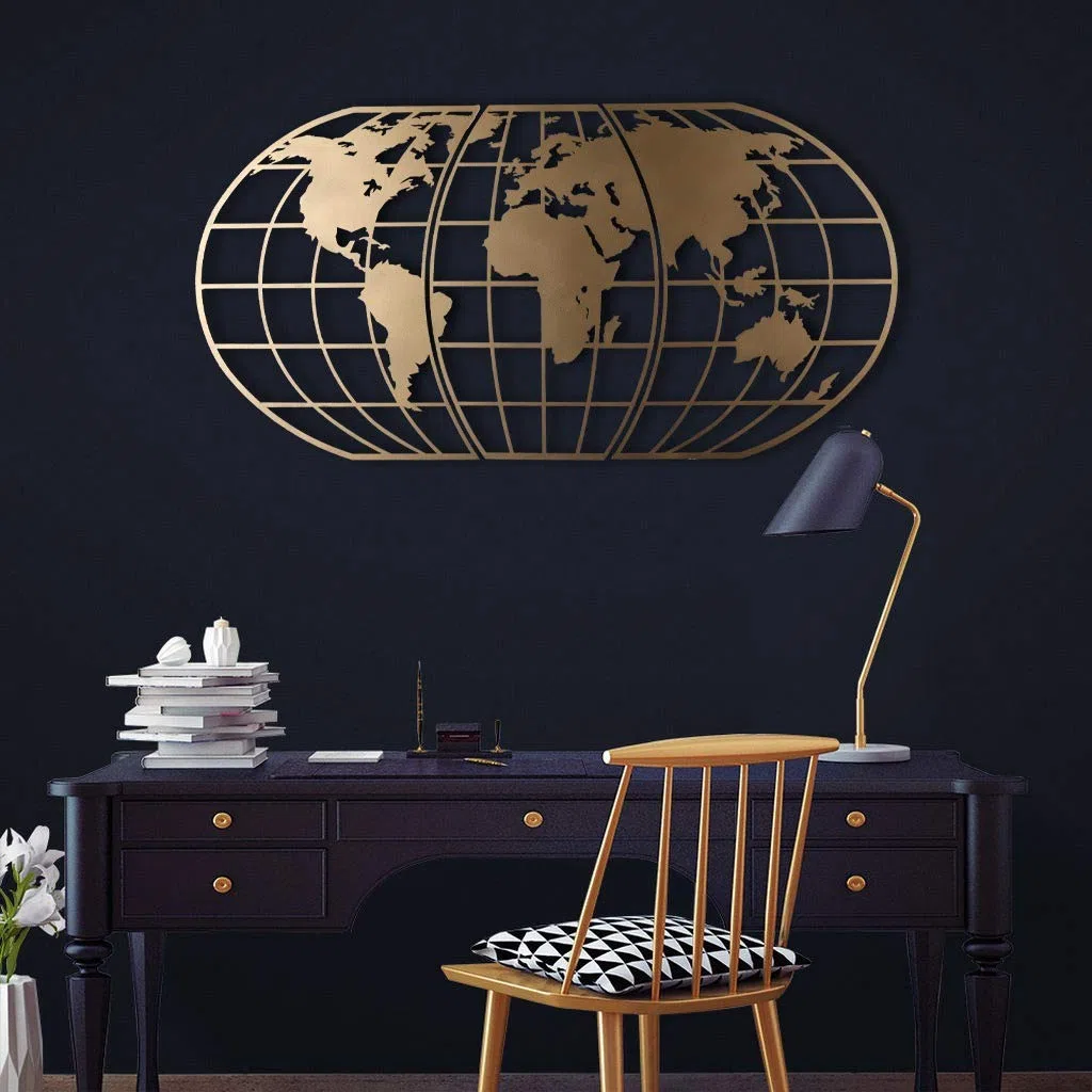 Tubibu Arte de pared moderno, 100 % metal, globo metálico de mapa del mundo, tamaño 23.6 x 47.2 pulgadas, colgante para sala de estar y dormitorio (dorado)
