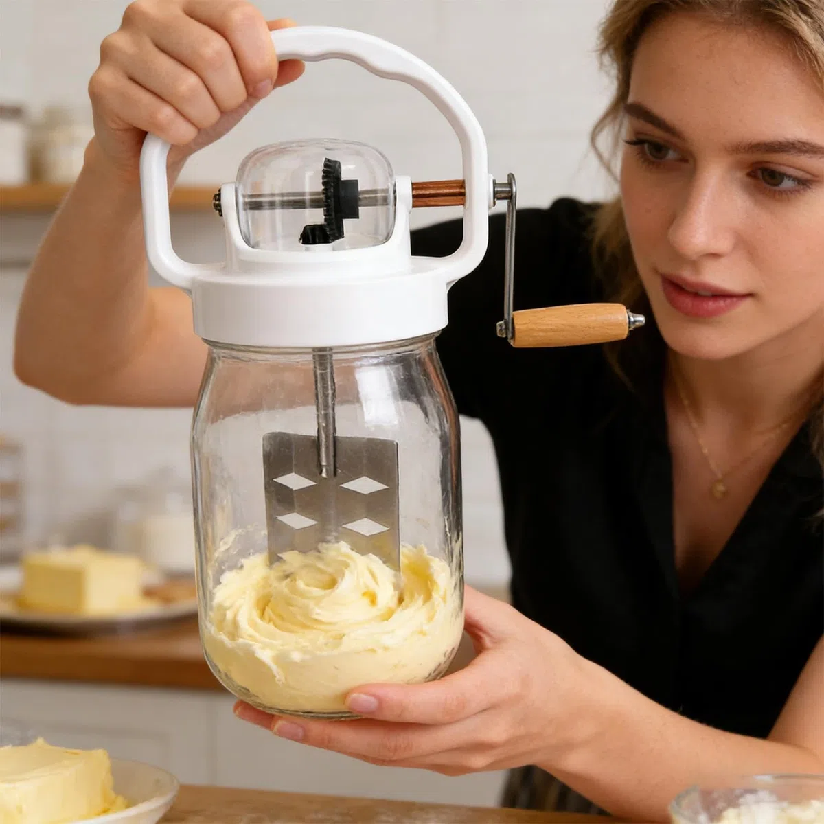 Batidora de Manivela 1500 ml batidora manual de cocina para mantequilla | con Frasco de Vidrio y Varillas Mezcladoras Manuales para Repostería, Cocina, Niños, Harina, Alimentos, Mermelada,