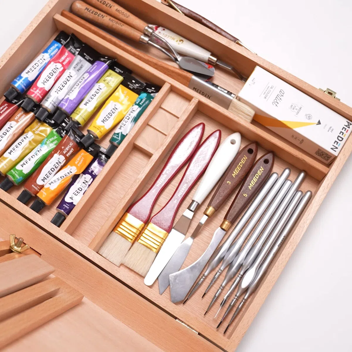 MEEDEN Caballete de mesa, caja de madera maciza de haya para almacenar suministros de arte, pinturas, caballete de arte para artistas, pintura para principiantes, sostiene lienzos de hasta 28''.
