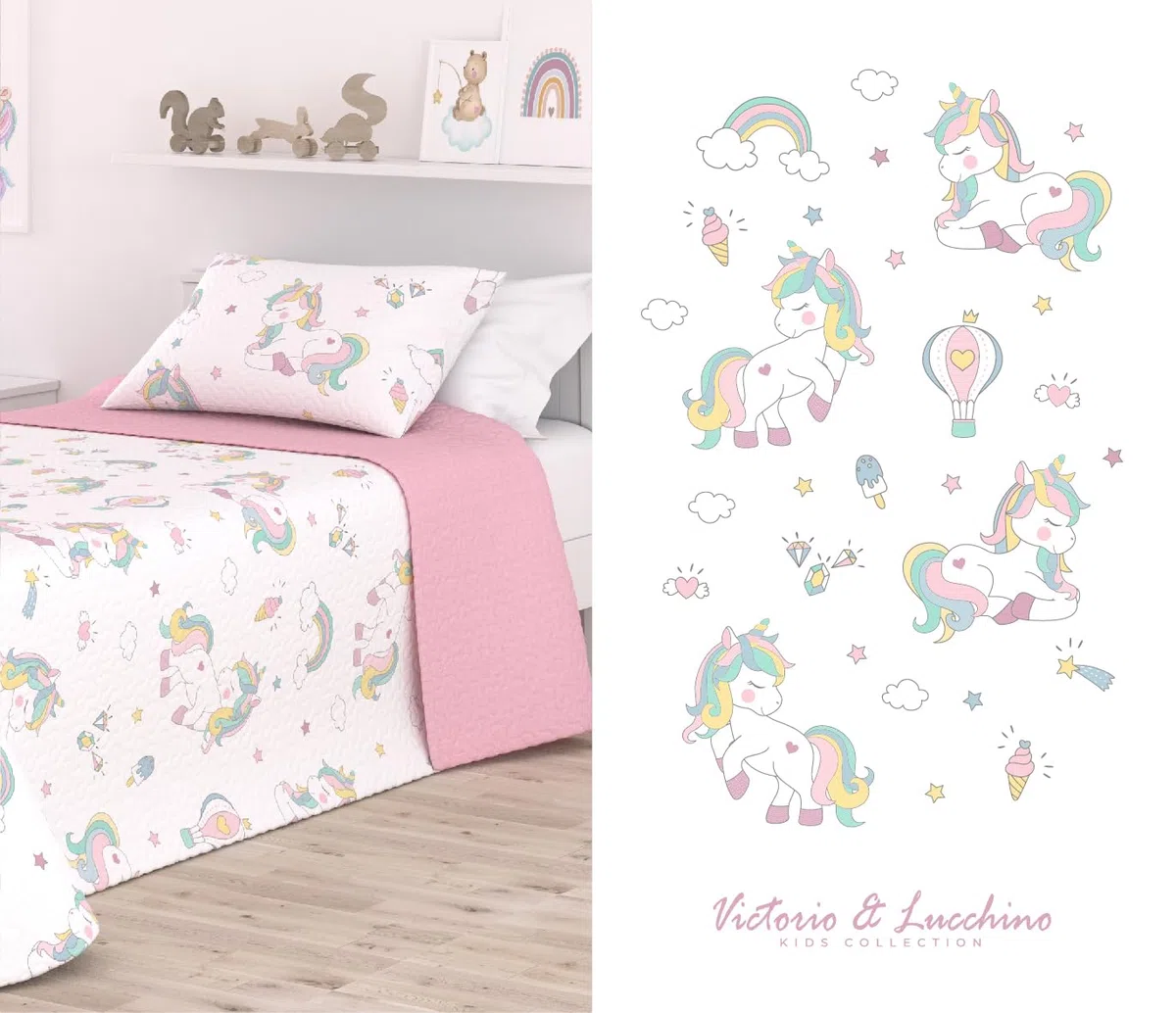 Victorio & Lucchino Colcha Infantil de Verano y Primavera. Ligera Colcha cubrecama de Microfibra. Incluye Funda de cojín. (Unicorn con COJÍN, Cama 90cm)