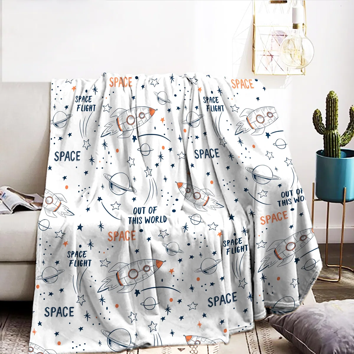 Manta de cohete de 130 x 150 cm, diseño de cohete espacial, de dibujos animados, manta suave para sofá para habitación infantil, perfecta como manta de sofá infantil para niños y acogedora
