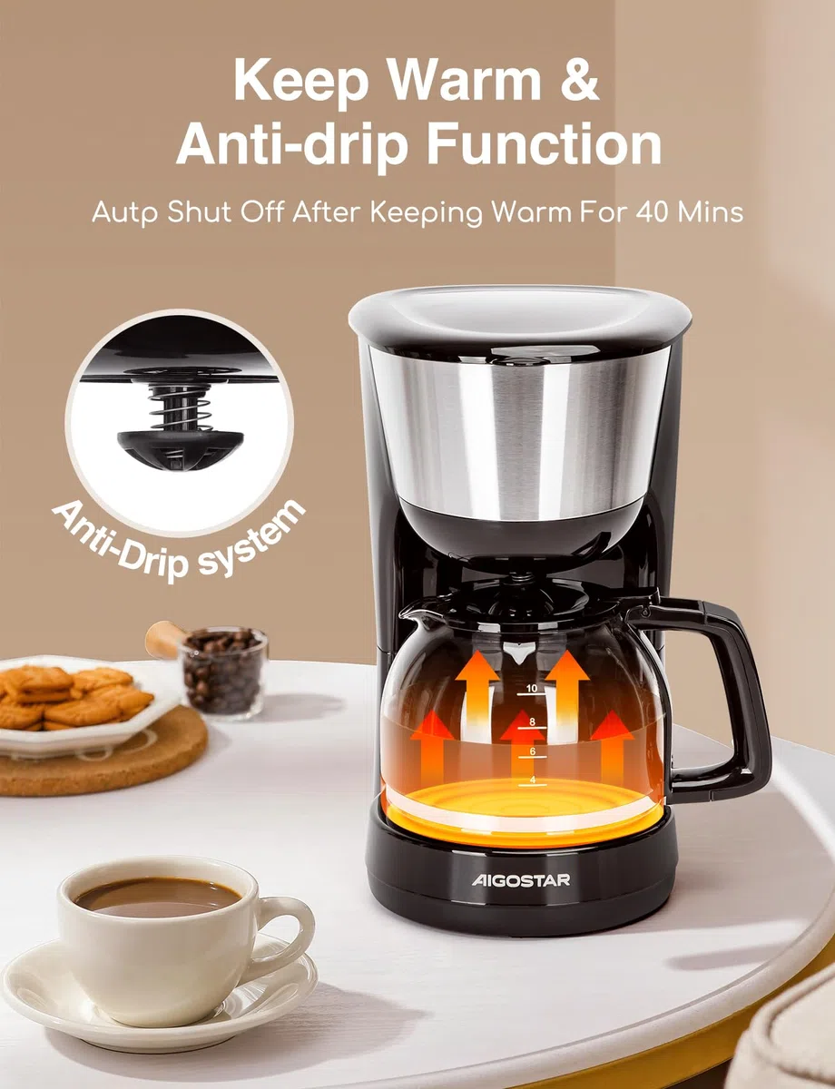 Aigostar Chocolate - Cafetera de Goteo de 1000W, Capacidad 1,25L (10-12 Tazas), Función Mantener Caliente y Sistema Antigoteo, Filtro Permanente Reutilizable y Lavable, Libre de BPA, Negro