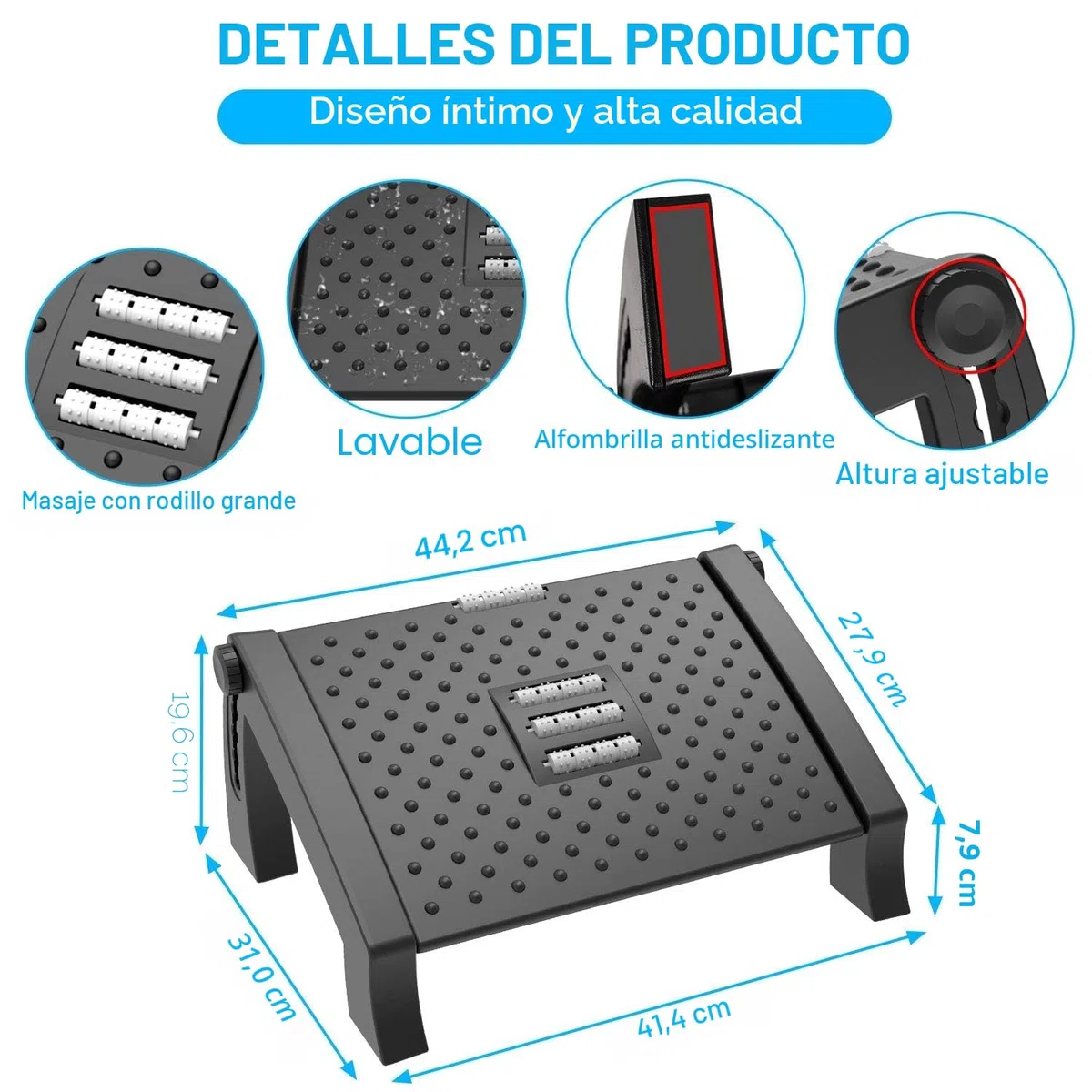 Reposapies de Oficina, Reposapiés Ergonómico para Escritorio con Función de Masaje, 6 Reposapiés de Altura Ajustable Antideslizantes para Oficina