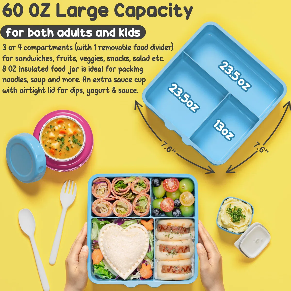 Fimibuke Bento Box para niños y adultos con tarro térmico de 8 onzas y bolsas de almuerzo aisladas, a prueba de fugas, apta para lavavajillas, contenedor de alimentos con 3 o 4 compartimentos para