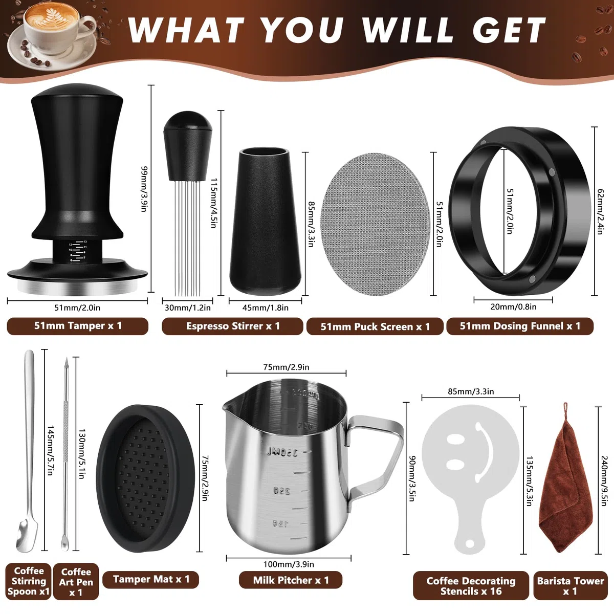 Y-Step Juego de prensador de café de 51 mm, 25 piezas con anillo dosificador de 51 mm, pantalla de 51 mm, paño barista, herramienta WDT, agitador de café, tapete, juego de arte latte, jarra de