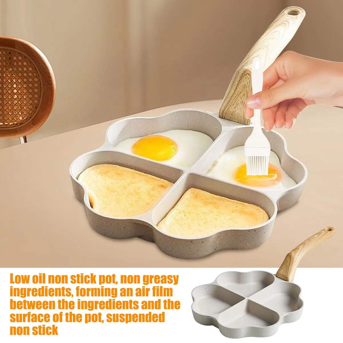 Estufa de huevos en forma de corazón con 4 agujeros, antiadherente, con 3 espátulas de silicona, mango de madera, para panqueques, tortitas, tortitas