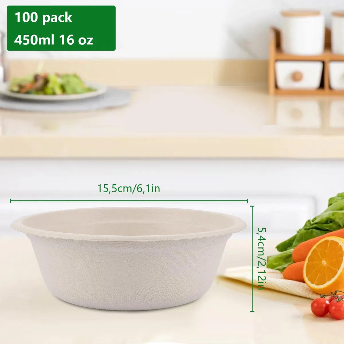 Pack de 100 Cuencos Desechables de 500 ml Color Natural, Cuencos Papel Desechables con Fibra Vegetal de Trigo para Sopa, Ensalada, Aperitivos, Fiestas y Picnic