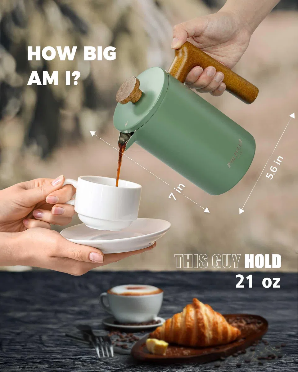 POLIVIAR - Cafetera de acero inoxidable 304 de doble pared de 600 ml, émbolo de café aislado con mango de madera real, filtro de 4 etapas para café molido y té de hojas sueltas