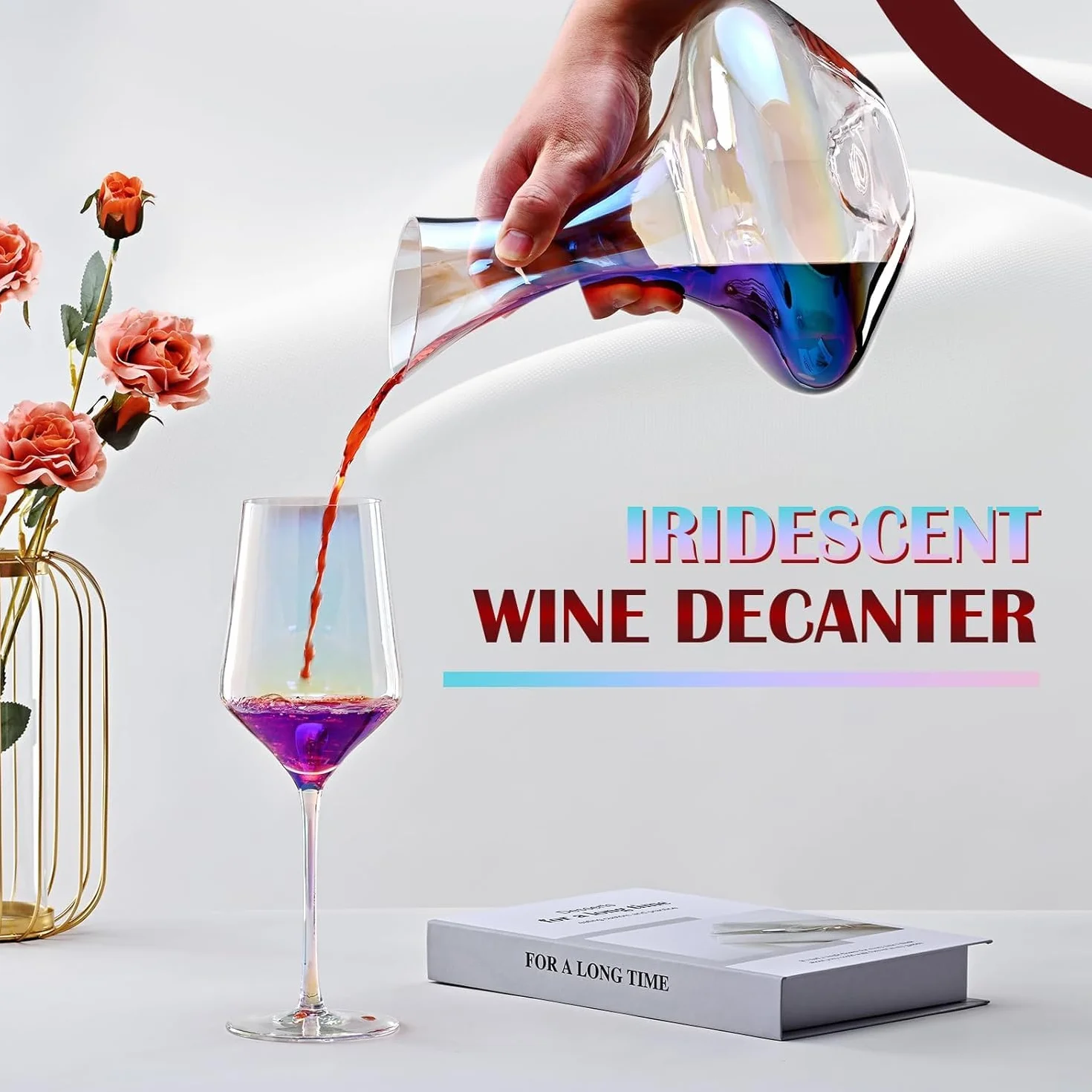 esmen Decantador de Vino Iridiscente de 1200 ml, Decantador de Jarra de Vino soplado a Mano, Accesorio de aireador de Vino de Cristal para Amantes del Vino Jarra para Vino