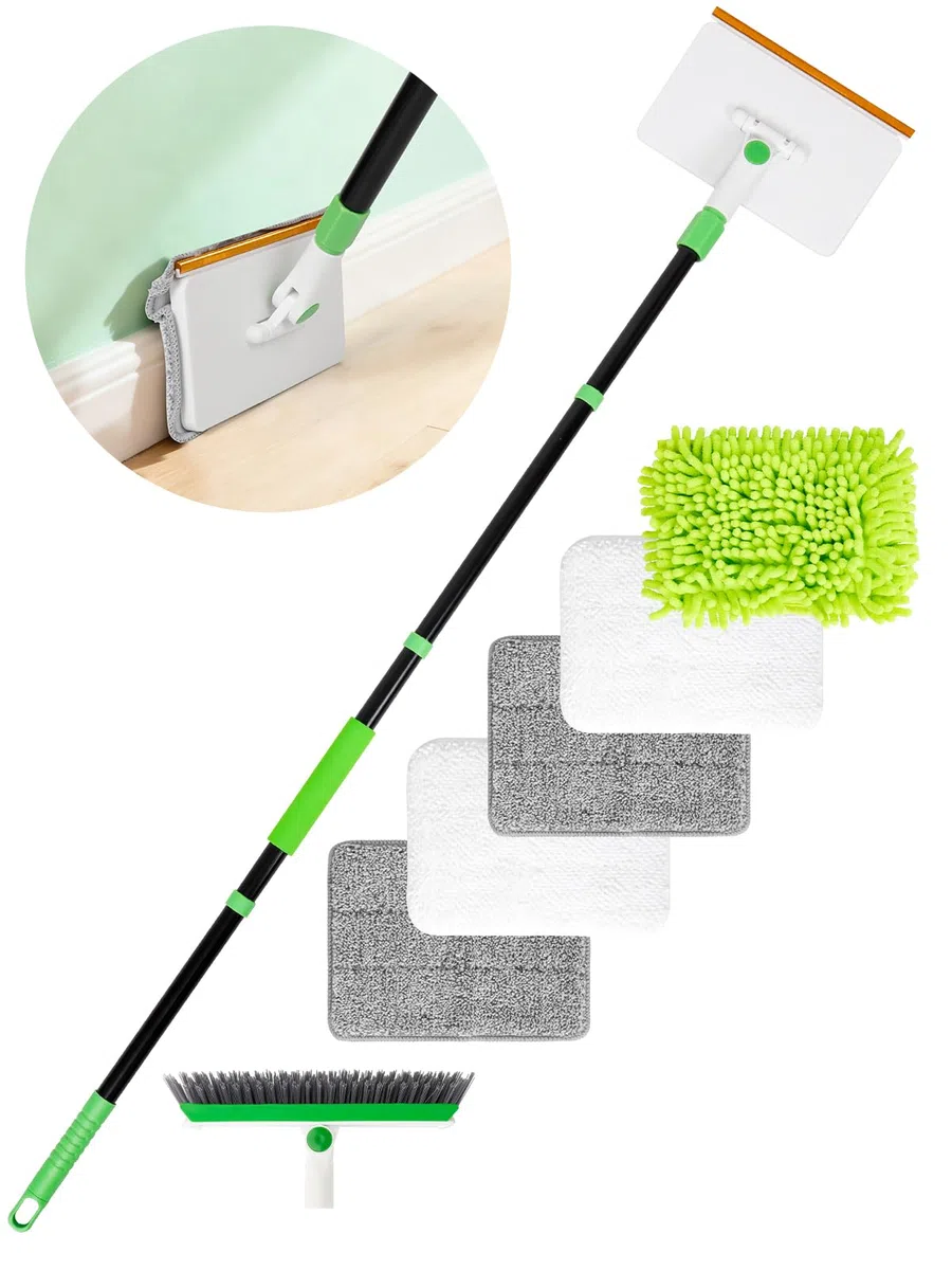4 en 1 Herramienta de Limpieza Zócalos con Mopa Extensible 5 Almohadillas Reutilizables 1 Cepillo Cerdas Duras Rastrillo para Alfombras Mopa para Limpiar Azulejos y Paredes Ventana Parede Suelo Baño