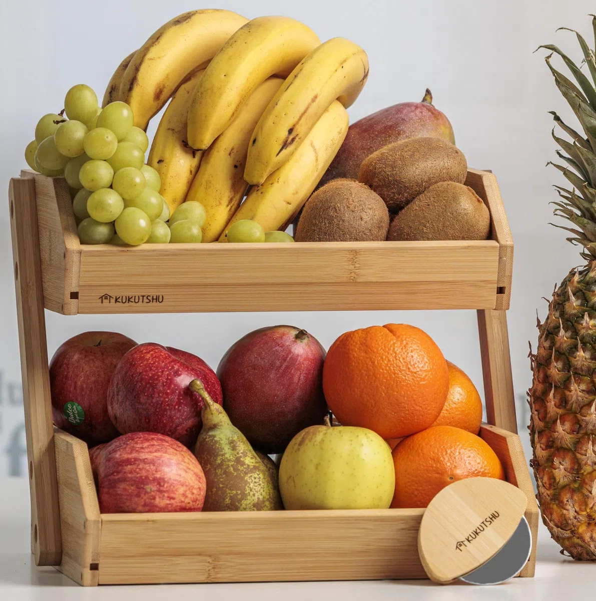 Frutero de Madera de Bambú de 2 Pisos - Organizador de Cocina Moderno - Verdulero y Panera + Corta Pizza de Bambú