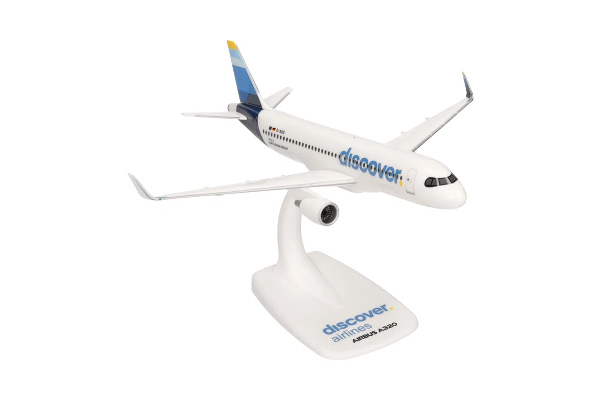 herpa Miniatura del avión Discover Airlines Airbus A320 - Snap-Fit, Escala 1/200, Modelo prefabricado, maqueta de colleción, modelismo, Avion con Soporte, Figura plástico