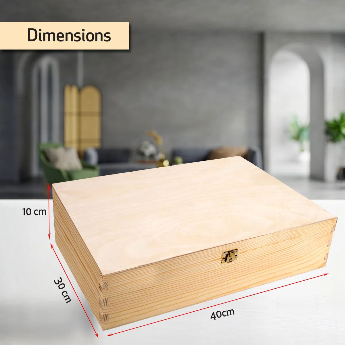 Caja de madera natural con tapa, , 40 x 30 x 10 cm, caja de recuerdos, regalo
