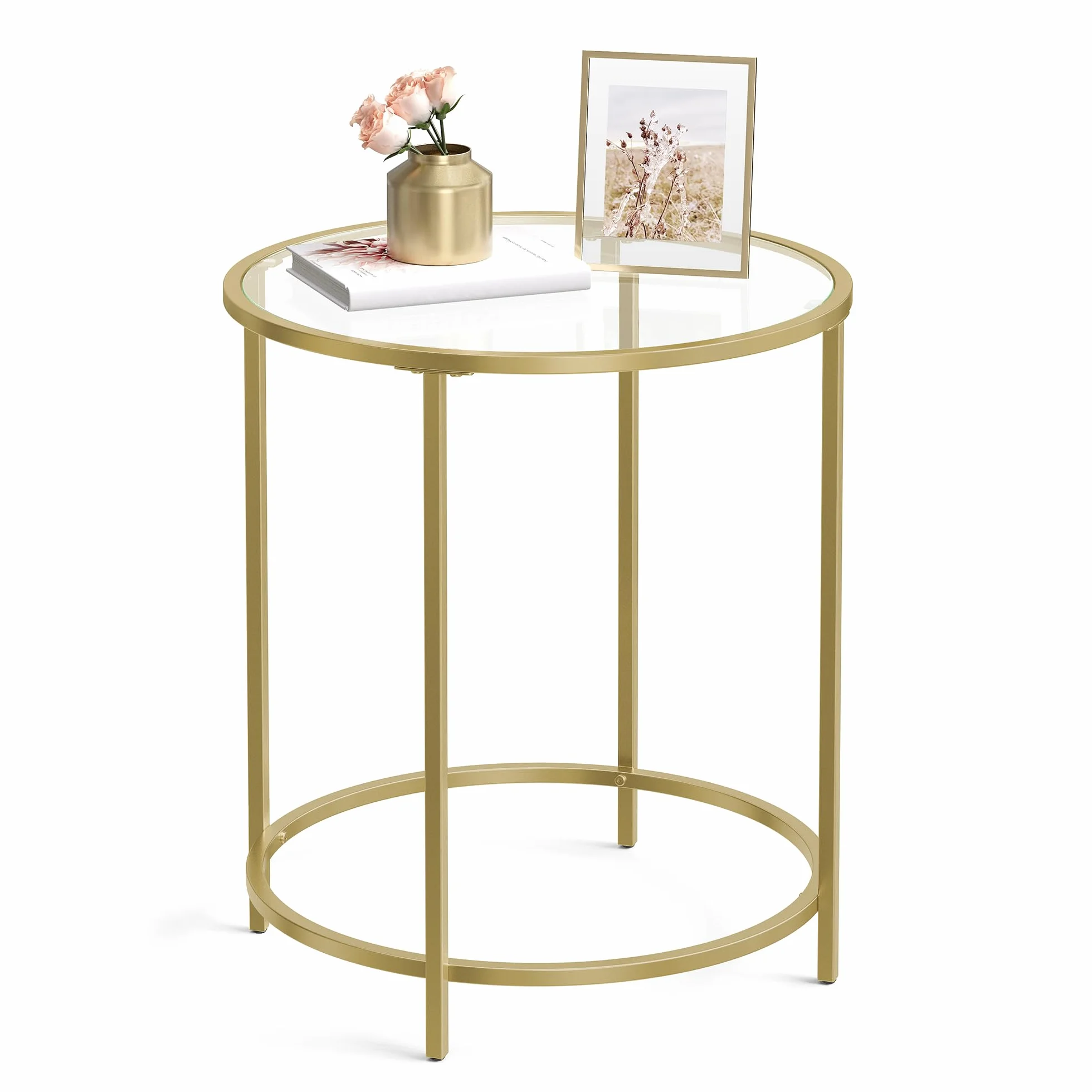 VASAGLE Mesa Auxiliar Redonda, Mesita de Noche de Cristal con Marco de Acero, Mesa de Centro Pequeña, para Salón, Balcón, Decorativo, Dorado y Transparente LGT20G