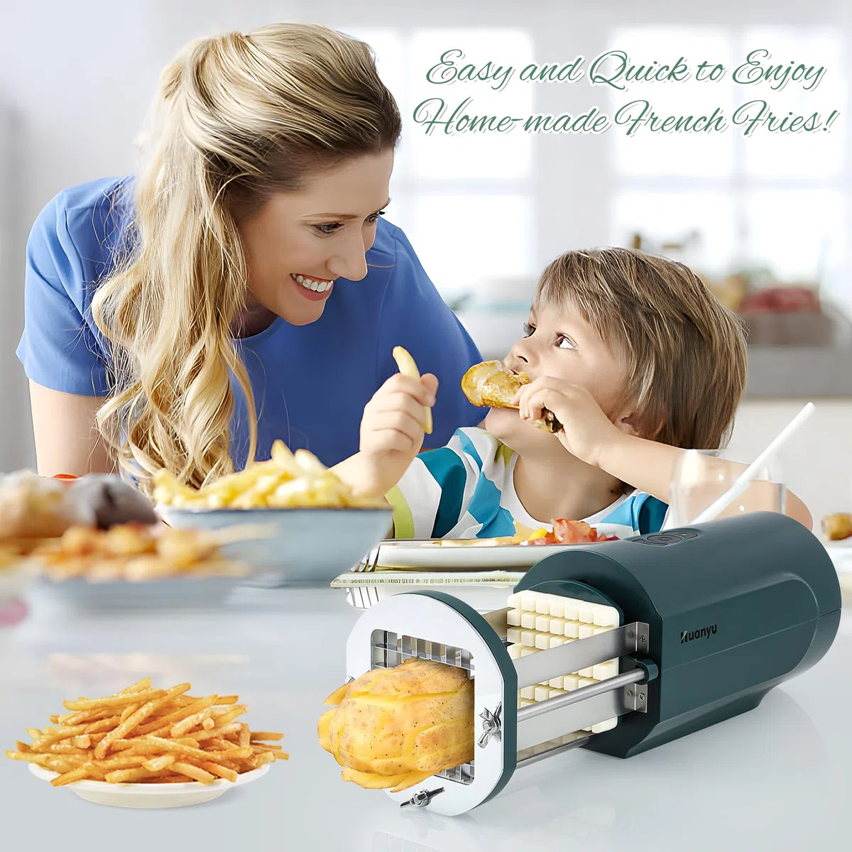 Huanyu Cortador eléctrico de patatas fritas con cuchillas de 2 tamaños, cortador de verduras multifuncional para patatas, zanahorias y pepinos (verde)