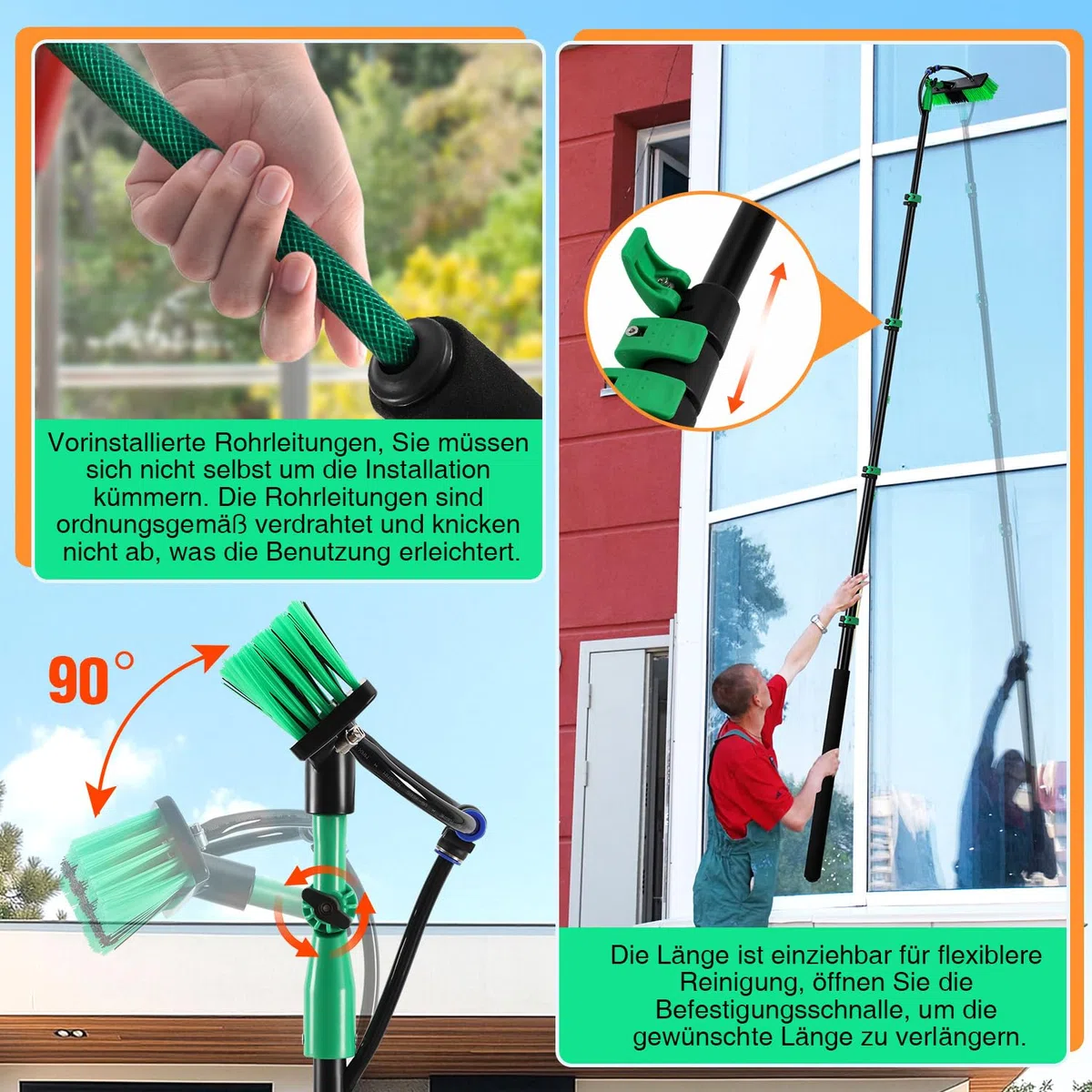 Cepillo de lavado telescópico de 3,6 m, cepillo de lavado con mango telescópico para ventanas, bordes de piscina, cepillo telescópico con conector de agua, aluminio, cepillo de limpieza de PVC