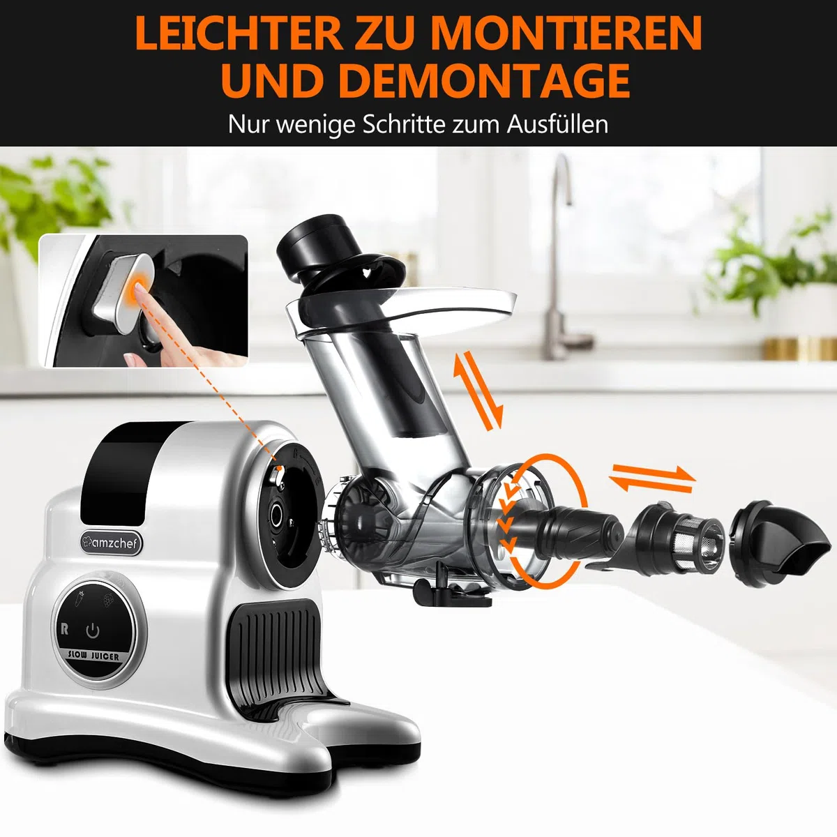 AMZCHEF 80MM extractor de zumos y verduras - Exprimidor lento con 2 velocidades y función de rebobinado - licuadora de 150 W para licuadora para verduras y frutas - Blanco