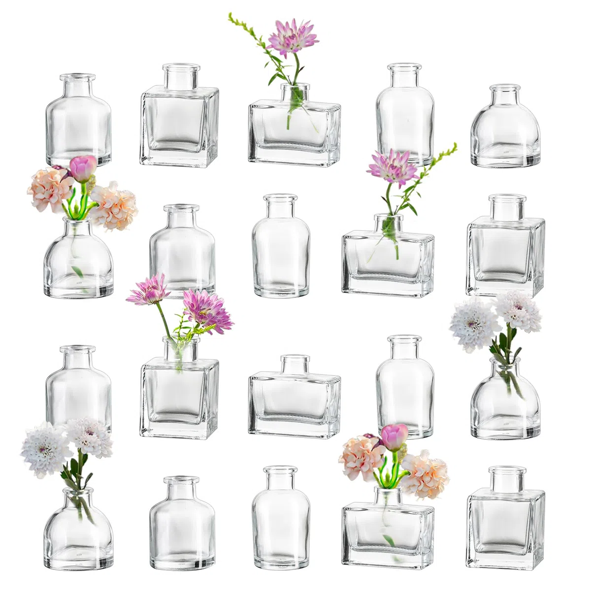 Hewory Jarrón de Cristal Decorativo Transparente - Set de 20 Piezas Mini Floreros para Centro de Mesa y Flores - Botella Pequeña