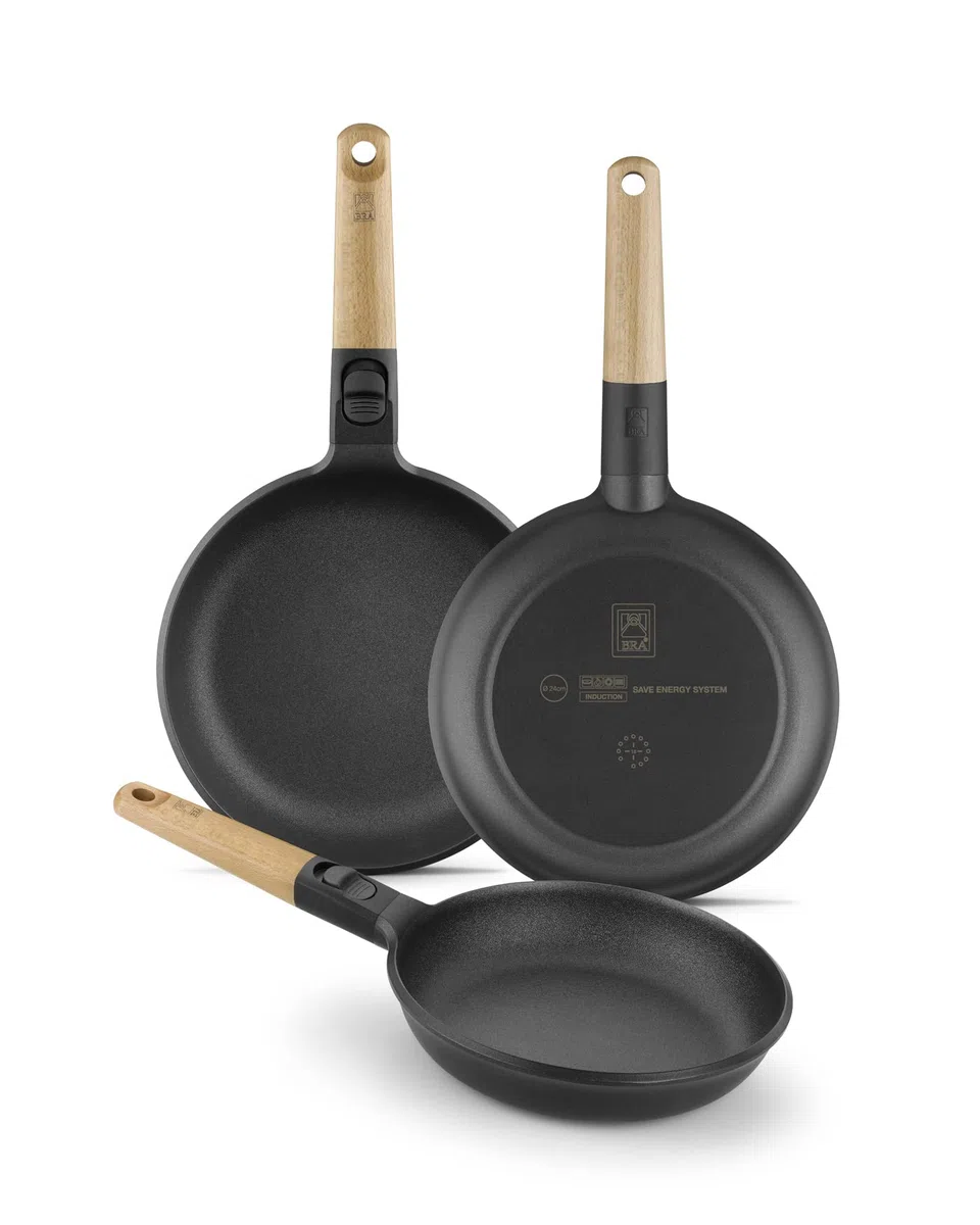 BRA Market Sartén 20 cm, aluminio fundido, mango desmontable madera natural, antiadherente tricapa sin PFOA, apta para todo tipo de cocinas incluido inducción
