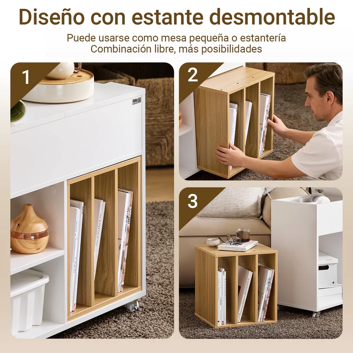 SoBuy Mesa Auxiliar con Ruedas y Tapa Abatible 30x61x70cm | Mesa multifunción para sofá, dormitorio u oficina con cajón y estante extraíble FBT134-W