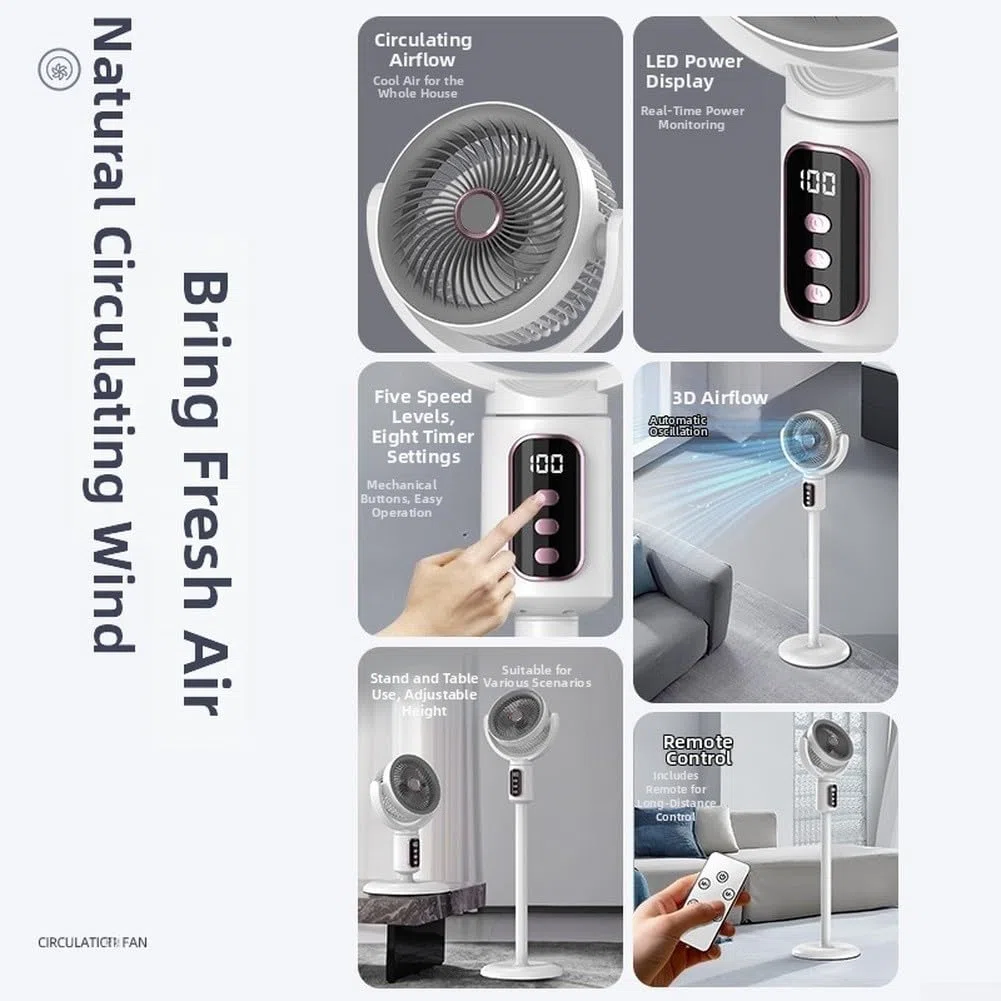 Ventilador de suelo recargable por USB con oscilación de 180 grados y motor silencioso sin escobillas para una circulación eficiente del aire (modelo de carga)