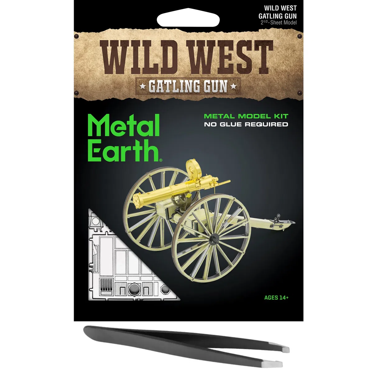 Fascinations Metal Earth Wild West Gatling Gun 3D Metal Model Kit Kit con pinzas