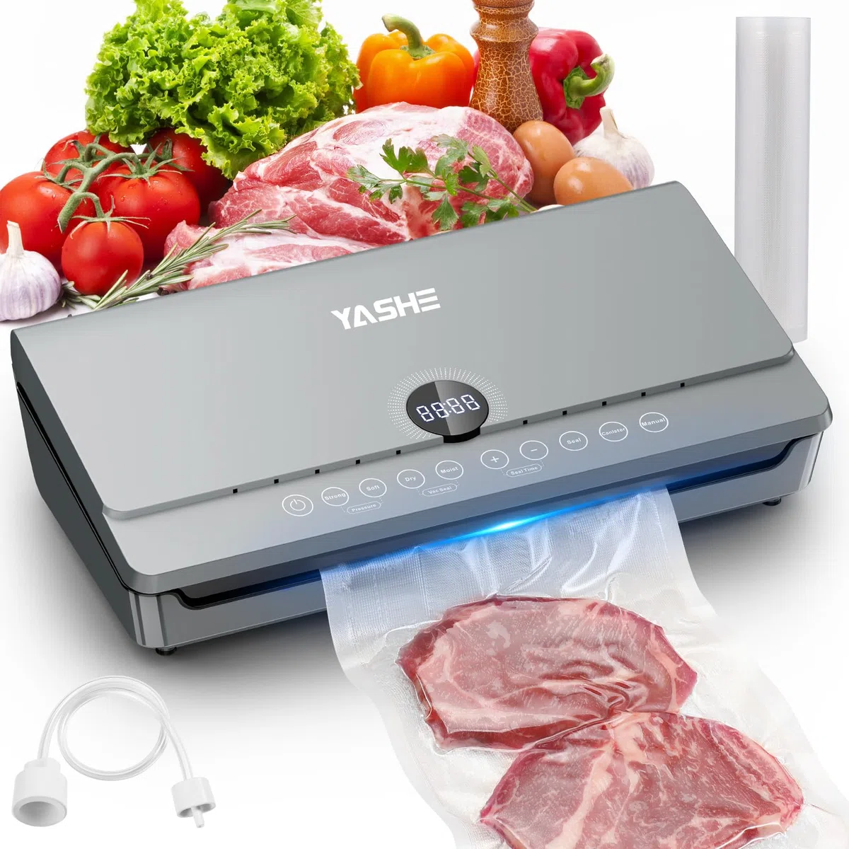 YASHE Envasadora al Vacio 80KPA con Tapa Magnética, 10 en 1 Doble Sellado y Doble Bomba Envasadora al Vacio Domestica, Almacenaje Integrado para Rollos, Incluye 1 Rollo de Bolsas
