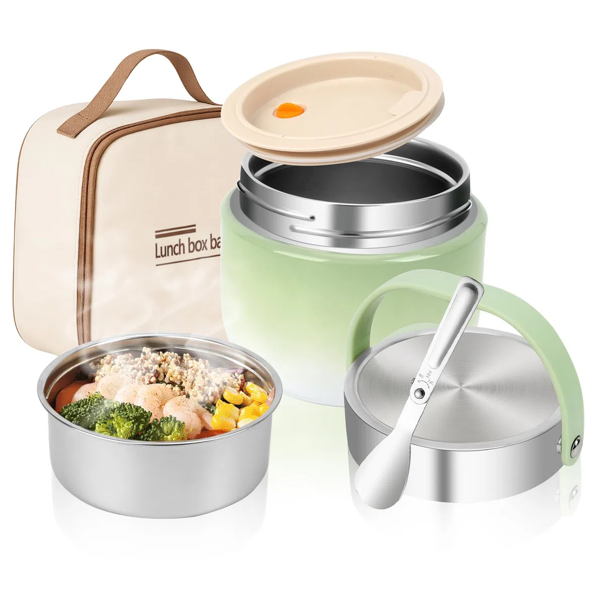 Contenedor térmico para alimentos, 1200 ml, de acero inoxidable 304, contenedor térmico para alimentos, termo para alimentos, a prueba de fugas con tapa, cuchara y bolsa térmica (verde)