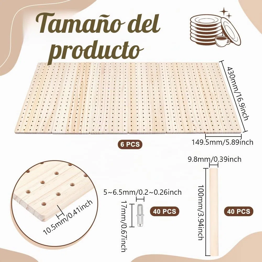 peacoblue Juego de 6 organizadores de cajones de madera, 40 clavijas y tornillos incluidos, para organizar platos de cocina, platos, recipientes de alimentos (17 x 5.9 pulgadas)